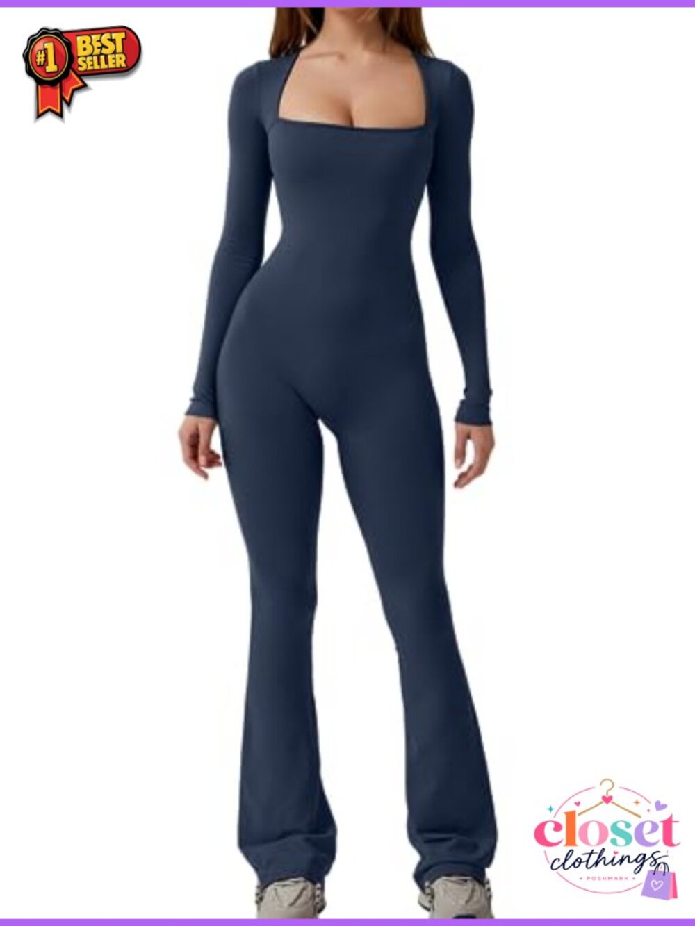 Long Sleeve Wide Leg Jumpsuit Square Neck Flare Full Length Romper